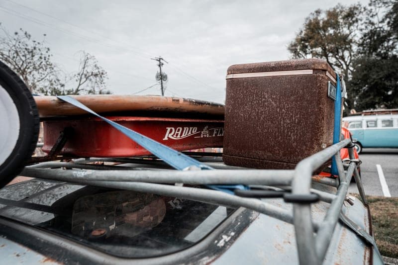 Representative photo of a steel roof cargo basket loaded with gear